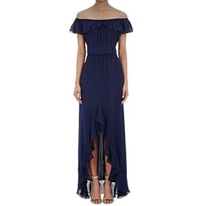L'Agence Yves Off-the-Shoulder Ruffled 100% Silk Maxi Dress High Low Navy Small